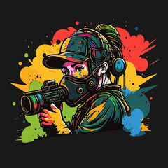 Paintball player Soldier with weapons at war. Splashes of color from gunshots in the background. Cartoon vector illustration.