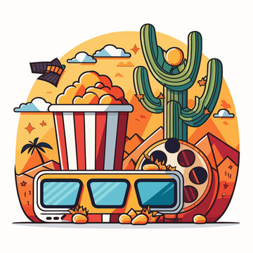 Fast food and popcorn. Summer cinema. Garden party. Cartoon illustration.