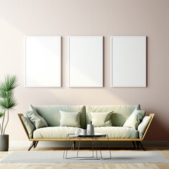 interior design suitable for poster display triple frame mockup concept scandinavian Design