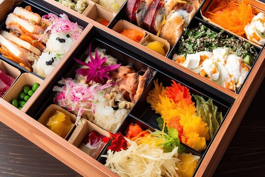 personalized bento box filled with variety of asian foods, created with generative ai
