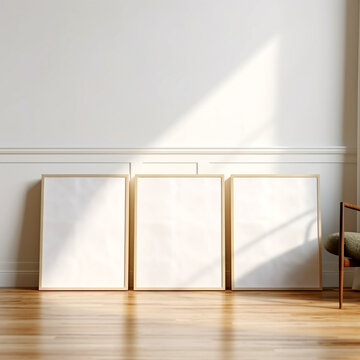 Set of 3 poster frame mockup standing on wooden floor, minimalist interior design, 3d rendering, realistic wall art templates