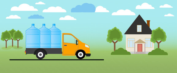 Naklejka premium Delivery of water in 19 letter or 5 gallon bottles by truck to house. A concept for water delivery by van. The car carries bottle of 5 gallons, vector illustration.