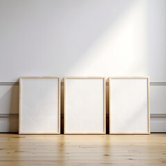 Set of 3 poster frame mockup standing on wooden floor, minimalist interior design, 3d rendering, realistic wall art templates