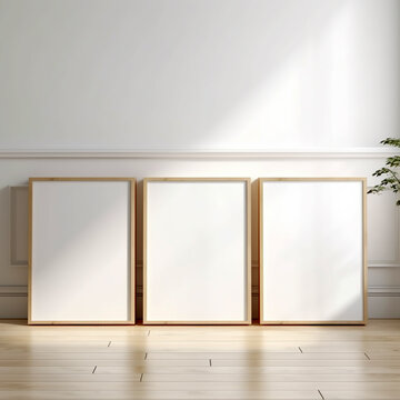Set of 3 poster frame mockup standing on wooden floor, minimalist interior design, 3d rendering, realistic wall art templates