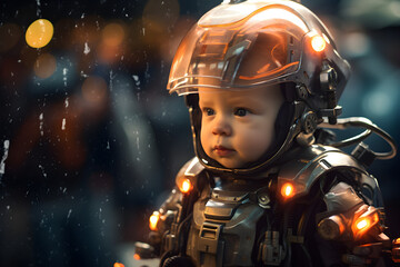 portrait of a cyberpunk baby wearing futuristic armour
