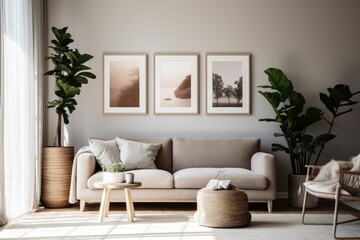 A modern living room with three empty poster frames on a beige wall, a plant, a gray sofa, and comfortable cushions.