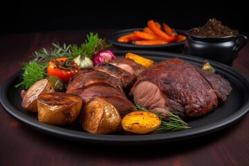meal of barbecued and roasted meats on black plate, created with generative ai