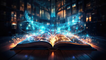 Open book with  glowing light coming from the pages