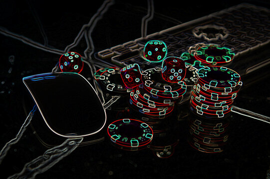 Online gambling. Online casino. Poker chips lie on the keyboard. Poker online. Internet. Neon image.