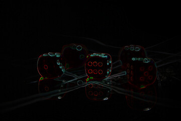 Neon dice lie on the table. Neon lights. Art image of dice. Neon picture.