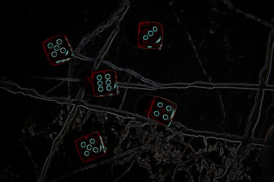Neon dice lie on the table. Neon lights. Art image of dice. Neon picture.
