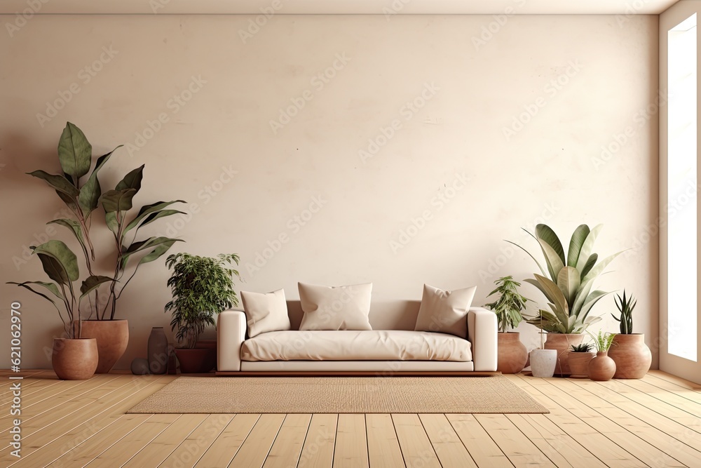 Sticker interior of contemporary minimalist beige style with brown couch, wood floor, and plants. vacant wal