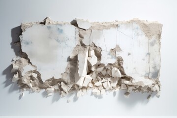 a damaged concrete wall disintegrating horizontally against a white backdrop,