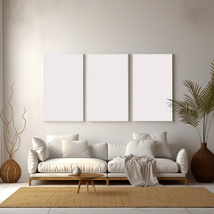 living room triple frame mockup, interior design poster frame mockups,white mockup