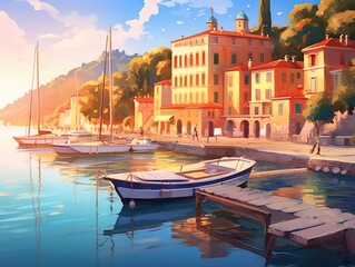 water scene with two boats at sunset parked in place, ai generated