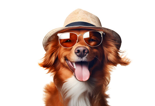 Funny dog wearing sunglasses and hat on transparent background PNG
