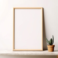 Brown wooden single poster mockup standing on the table,poster mockups,minimalist mockups,frame templates in boho style room.