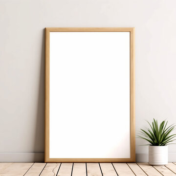 Brown wooden single poster mockup standing on the table,poster mockups,minimalist mockups,frame templates in boho style room. © YASAR