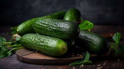 Fresh cucumbers on a grey wooden table. Generative AI