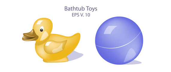 Bath toys vector illustration. Ball and duck toy. Plastic material toys for kids both boys and girls. kids playing products image. Premium games, pool games for children. 