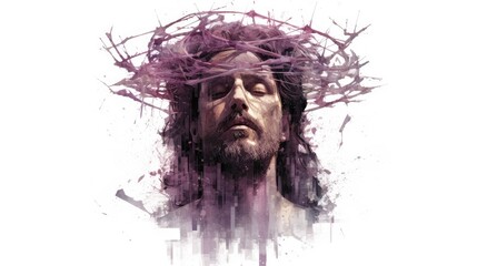 Isolated on white, Jesus Christ wearing a crown of thorns. made using generative AI tools