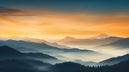 Naklejka na ściany i meble a landscape of mountains with fog and trees