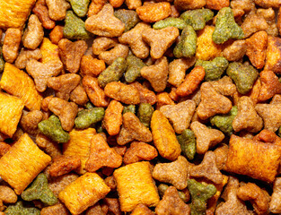 Dog or cat food or kibble shot up close. Top view background - 621064959