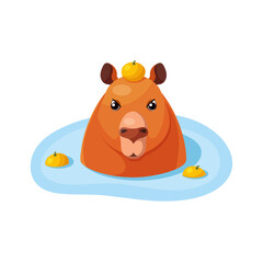 Obraz na płótnie Canvas Flat vector illustration of a capybara sitting in the water with a tangerine on its head isolated on white background 