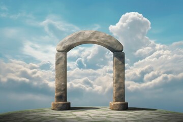A background of clouds and an arch frame that evokes the beauty of nature supports a platform where goods may be presented.
