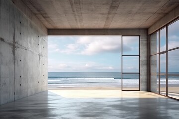 Industrial interior background bare, modern concrete room with opening and a view of the ocean on the back wall.