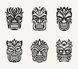Creative vector set of ancient tribal masks. Indian, Aztec, African, Mayan, historic, tribal, native illustrations. - 621066757