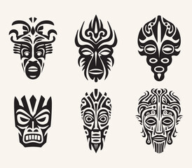 Creative vector set of ancient tribal masks. Indian, Aztec, African, Mayan, historic, tribal, native illustrations.