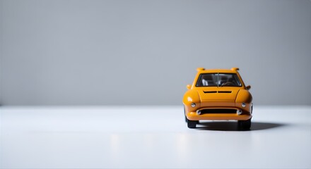 Toy yellow car for summer trip, hobby driving transport 3D render vehicle decoration with minimalist white background