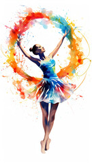 Fototapeta na wymiar Watercolor abstract representation of rhythmic gymnastics. Rhythmic gymnastics player in action during colorful paint splash, isolated on white background. AI generated.