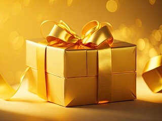 Gift box with golden satin ribbon and bow on golden background. ai generative