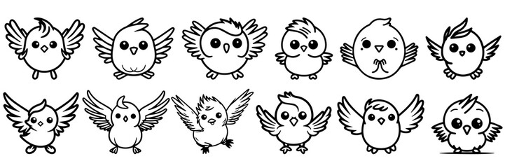 Kawaii bird silhouettes set, large pack of vector silhouette design, isolated white background