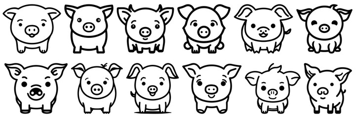 Kawaii pig silhouettes set, large pack of vector silhouette design, isolated white background