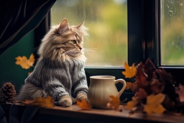 Fluffy cat in a knitted sweater sitting on the windowsill at home and looking at the autumn rain...