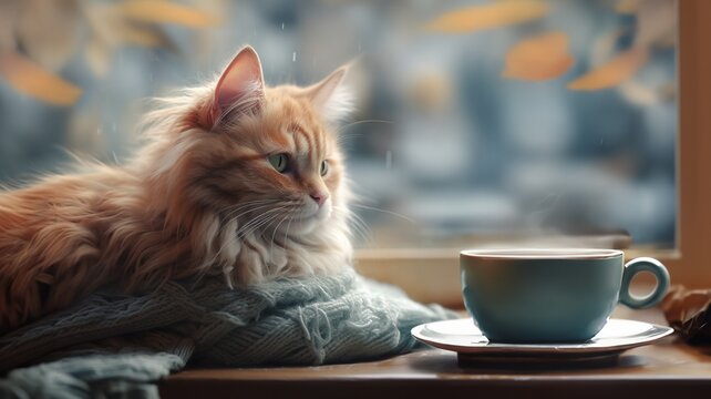 Fluffy cat sitting at home on the windowsill on a warm blanket and looking at the autumn rain outside.