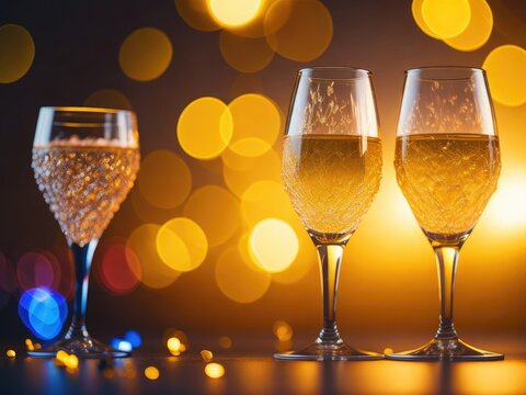 Two glasses of champagne bright image colorful background. ai generative