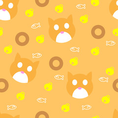 Fun seamless pastel orange yellow cat face with bell, fish and shape pattern background design for wallpaper, texture, printing, clothing. Vector.