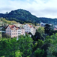 Highlands, houses, pedestrian street, blue sky, large park in the tourist spot of Sintra in Portugal