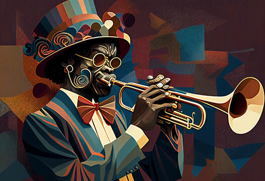 Afro-American male trumpeter musician playing a brass trumpet in an abstract vintage distressed style music painting for a poster or flyer, computer Generative AI stock illustration image