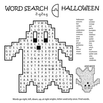 Zigzag Word Search Crossword Puzzle. Ghost. Halloween. Words go right, left, down, up, at right angles, letter used only once. Black, white educational activity page. Worksheet. Game for kids, adults