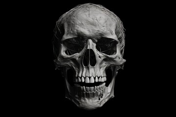 Front view of a human skull on a silent, black backdrop. made using generative AI tools