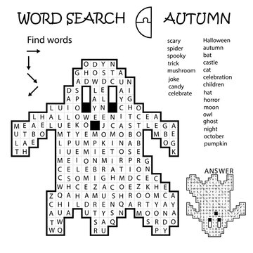 Word Search Crossword Puzzle. Halloween. Ghost. Find the listed words in the puzzle and cross them out. Printable black and white educational activity page. Worksheet. Game for kids, adults
