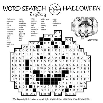 Zigzag Word Search Crossword Puzzle. Pumpkin. Halloween. Words go right, left, down, up, at right angles, letter used only once. Black, white education activity page. Worksheet. Game for kids, adults