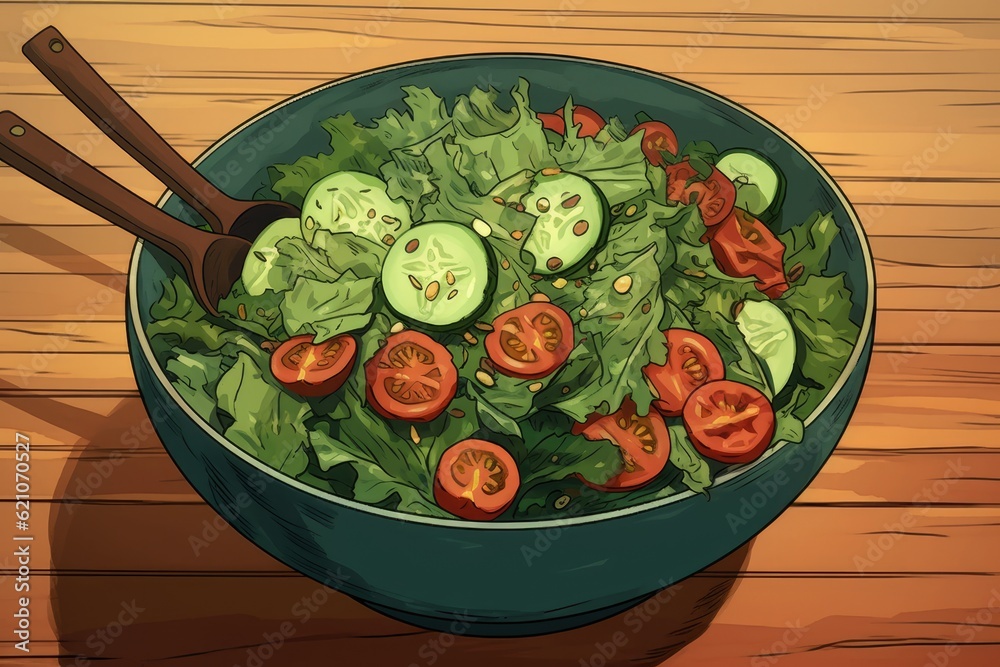 Poster A green salad with a tomato and other fresh vegetables is seen in the illustration on a wooden table.