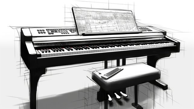 Realistic drawing, a contemporary digital piano, and a white-backdropped picture of an electronic piano keyboard