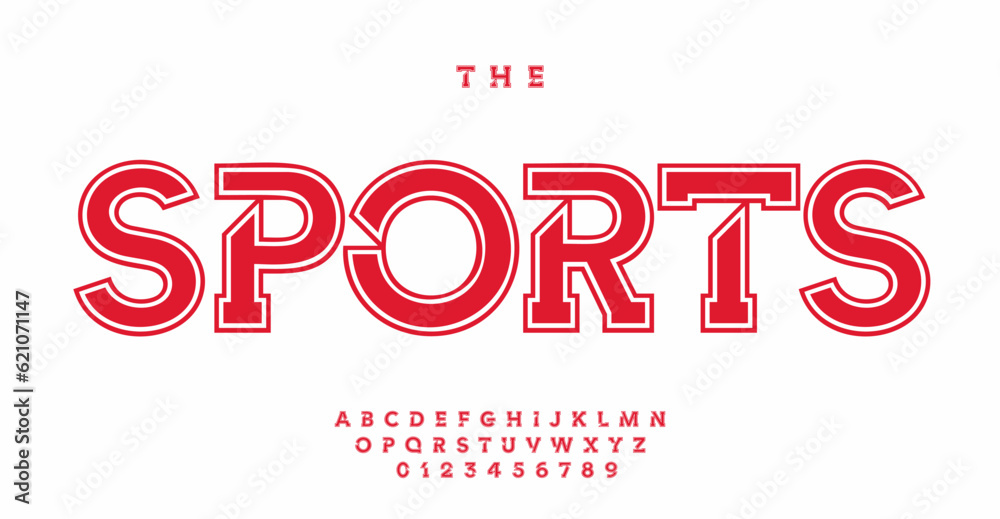Poster sports font, slab serif letters and numbers with outline, old-school versatile font for college univ